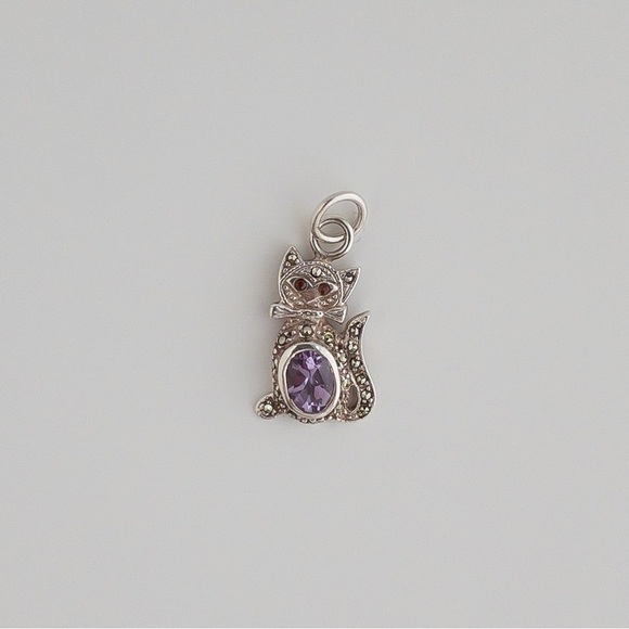 Vintage Jewelry - Vintage Sterling Silver Garnet Amethyst Marcasite Pendant Kitty Cat Feline
